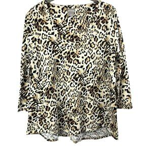 Chicos‎ Women's Top Medium 1 3/4 Sleeve Leopard Cheetah Pullover Stretch Animal